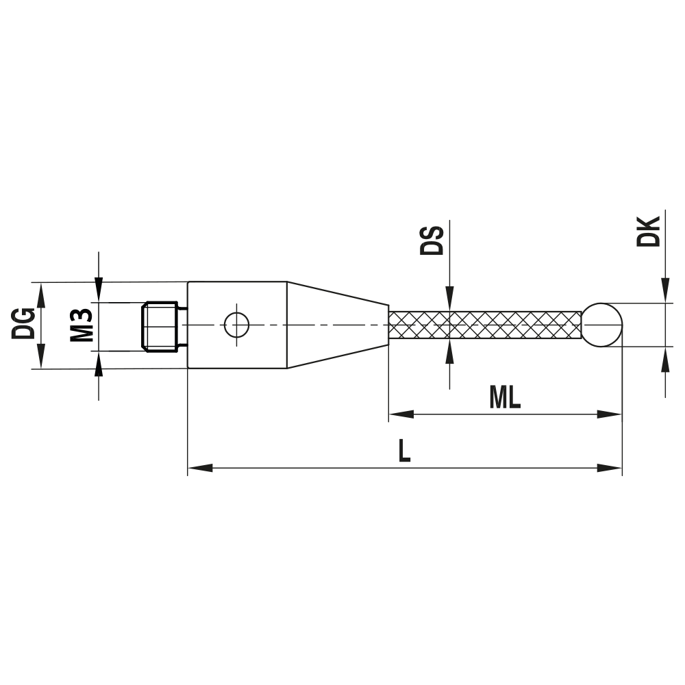 Zeichnung vom Produkt M3 Gerader Taster für ZEISS XXT; DK 3.0 mm; L 33.0 mm