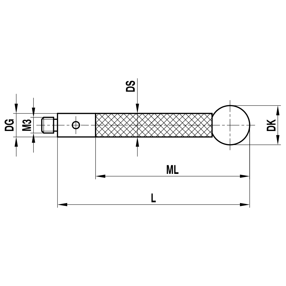 Zeichnung vom Produkt M3 Gerader Taster für ZEISS XXT; DK 8.0 mm; L 125.0 mm