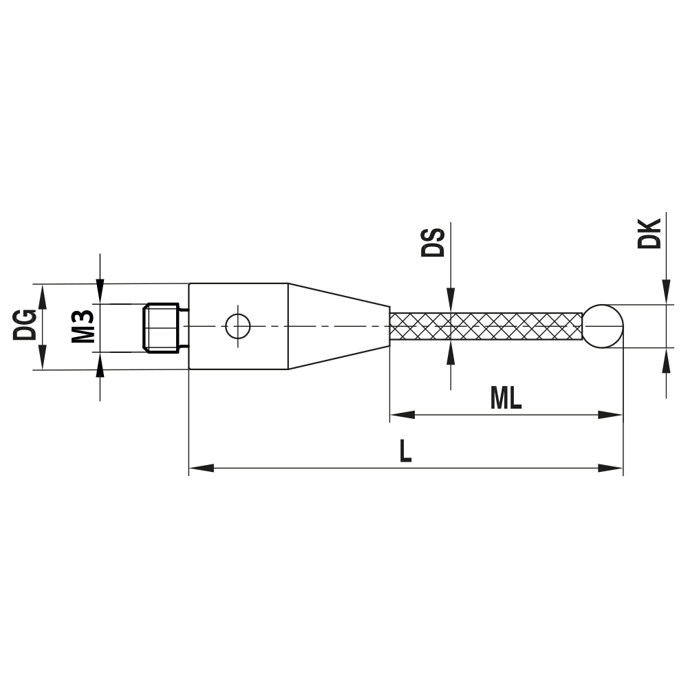 Zeichnung vom Produkt M3 Gerader Taster für ZEISS XXT; DK 5.0 mm; L 50.0 mm