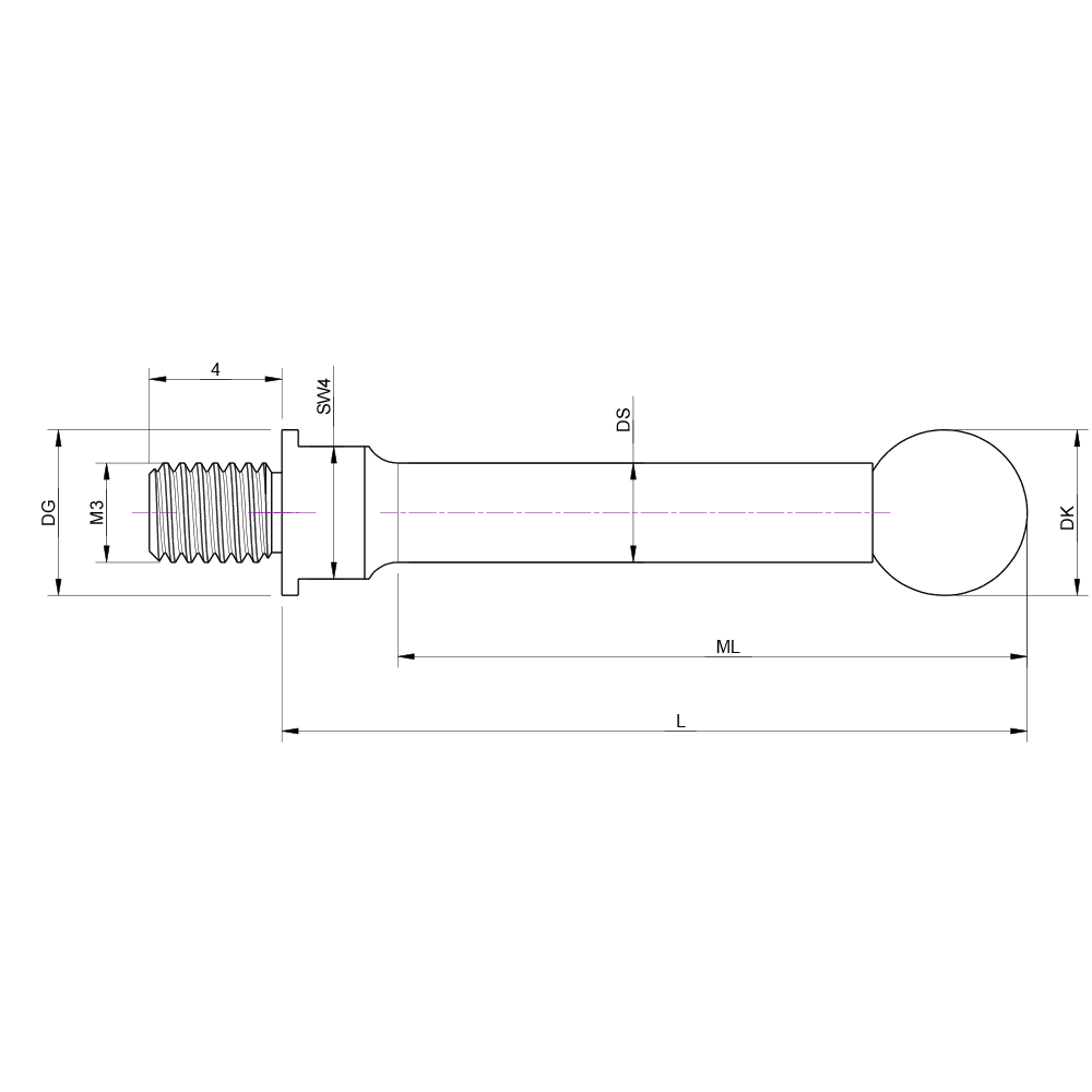 Zeichnung vom Produkt M3 Gerader Taster; DK 5.0 mm; L 102.5 mm